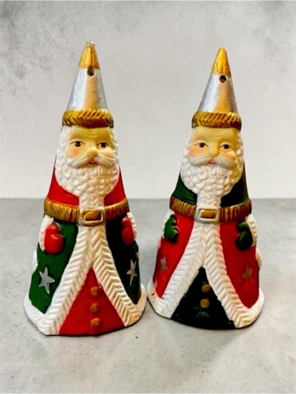 Vintage Hand Painted Festive Cone Shaped Santa Salt & Pepper Shakers